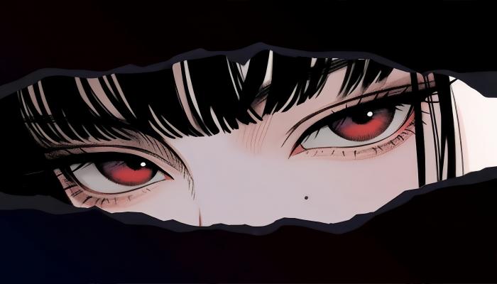 电脑壁纸 少女面部特写 撕裂裂缝 暗黑氛围 破洞背景 红瞳少女 红色眼睛 黑发黑刘海 电脑桌面 高清壁纸 壁纸下载-觅知音博客