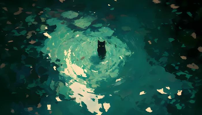 电脑壁纸 动漫 光影插画 动物插画 夜色背景 水中孤独的小黑猫 水面倒影 浮叶元素 神秘黑猫翡翠池畔 静谧氛围 黑猫 电脑桌面 高清壁纸 壁纸下载-觅知音博客