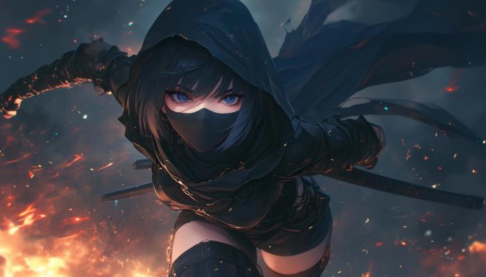 电脑壁纸 蒙面女侠 蓝瞳 暗黑系 火焰 黑色斗篷 4K动漫壁纸 电脑桌面 高清壁纸 壁纸下载-觅知音博客